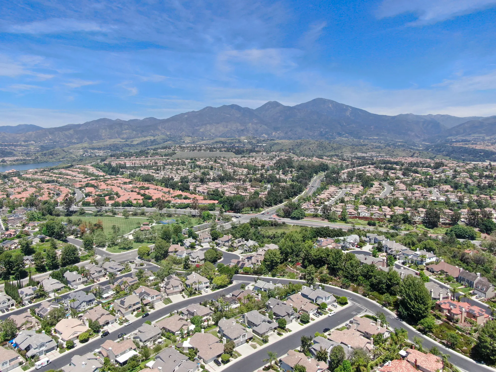 Aerial view of Rancho Cucamonga homes and business serviced by Preventive Pest Control.