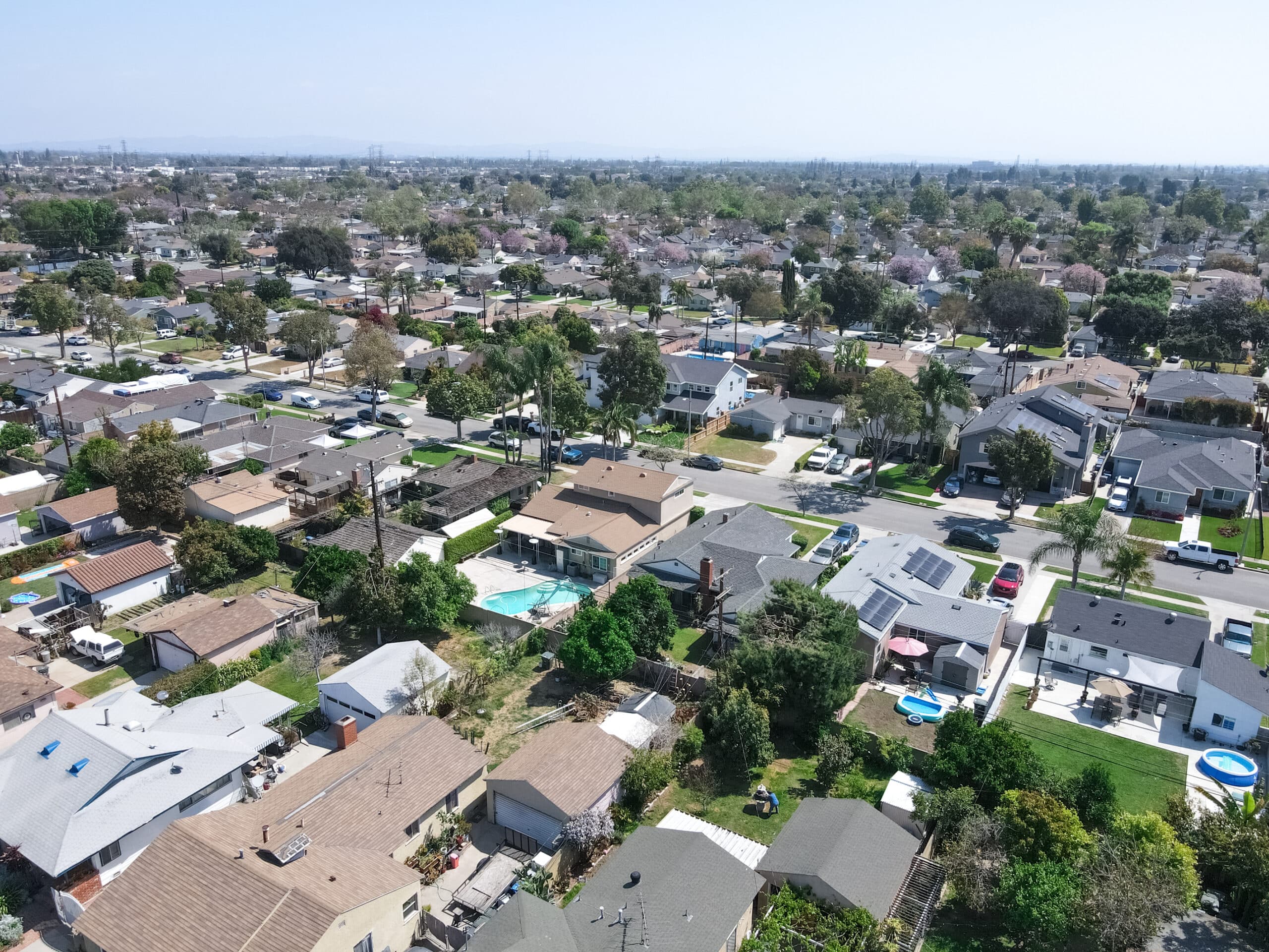 Aerial view of Lakewood middle class neighborhood, city in Los Angeles County, California