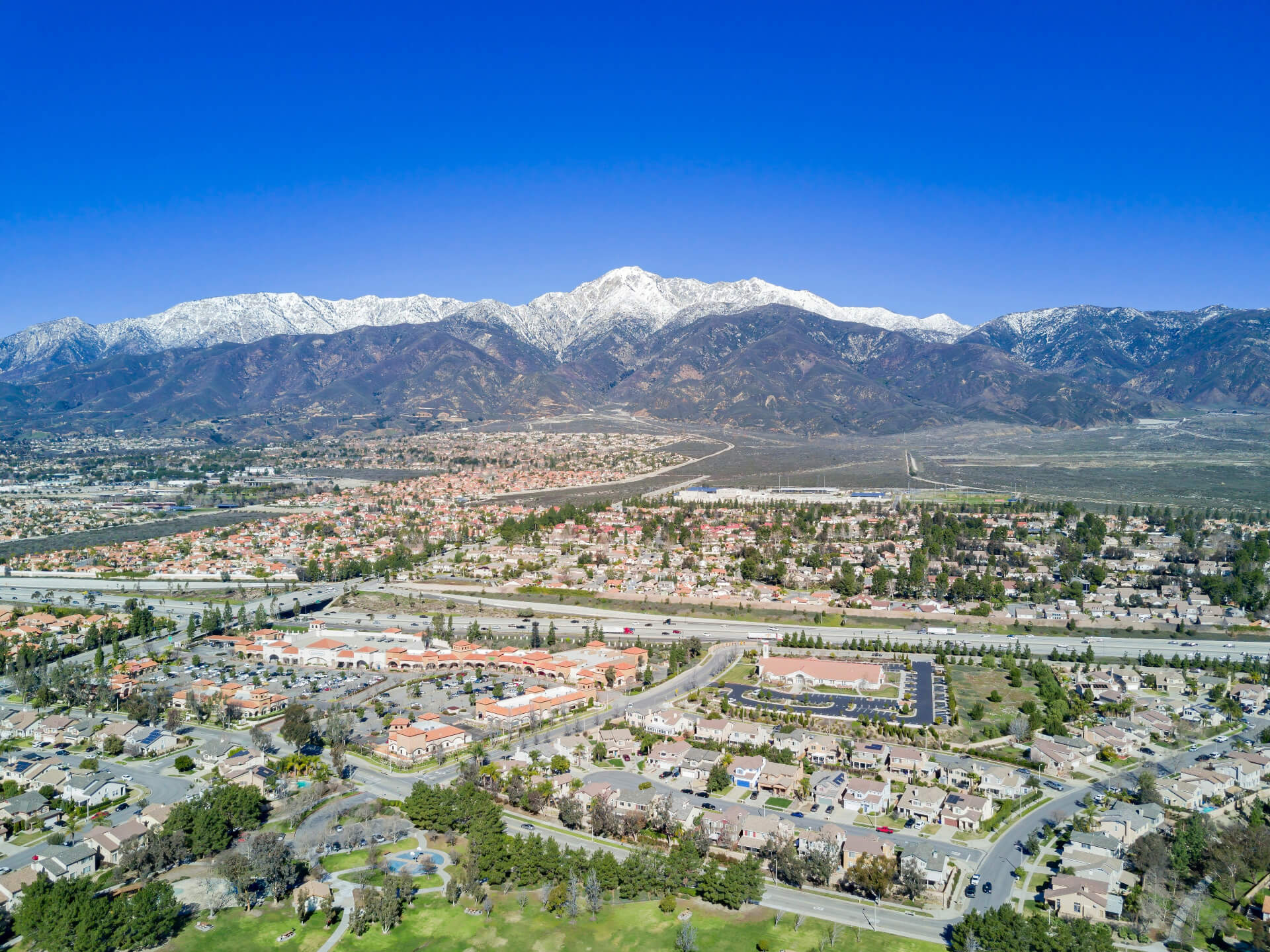 Aerial view of Rancho Cucamonga homes and business serviced by Preventive Pest Control.