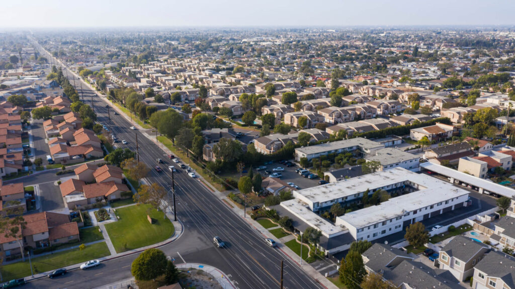Aerial view of Stanton, CA homes serviced by Preventive Pest Control