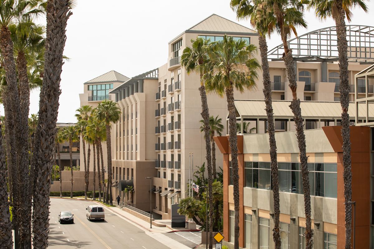 Palm tree framed view of the downtown skyline of Brea, California, USA.